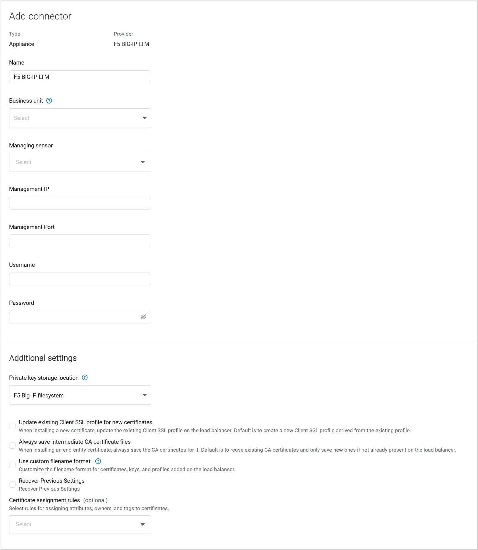 Configuration screen for pre-built F5 appliance connector