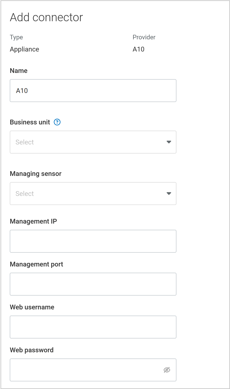 Configuration screen for pre-built A10 appliance connector