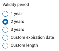 X9 PKI for TLS validity options Validity period selection showing five options — 1 year, 2 years (selected), 3 years, custom expiration date, and custom length