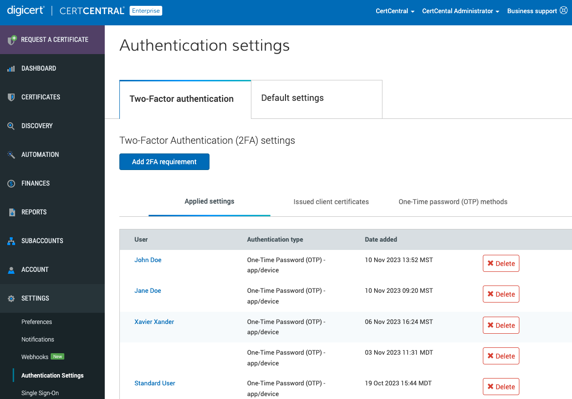 CertCentral Two-factor Authentication Settings page