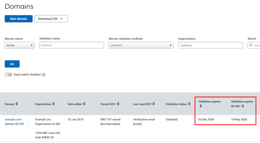 CertCentral's Domains page - SC-081