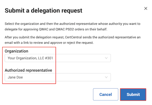 Submit a delegation request -- CertCentral Europe