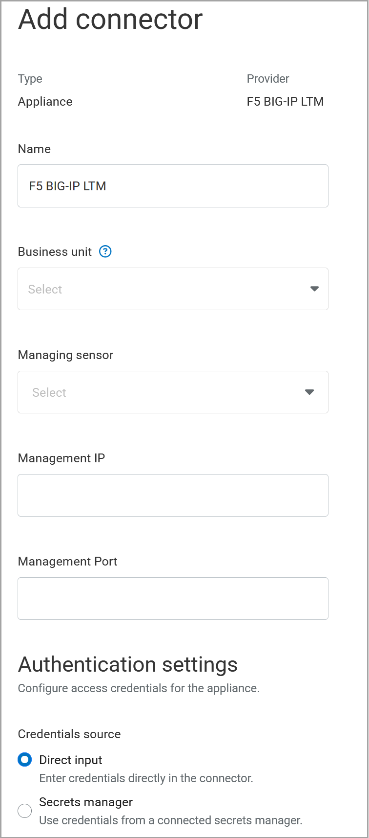 [en] Configuration screen for pre-built F5 appliance connector